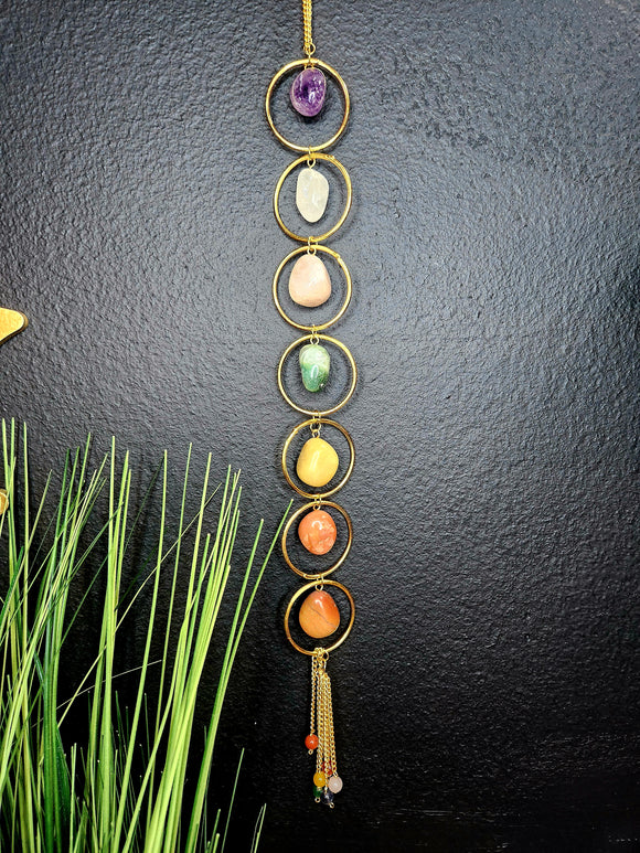 7 Chakra Stones in Gold Rings Ornament