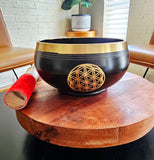 Tibetan Singing Bowl 5"D "Flower of Life"  with Striker & Rubber Stand