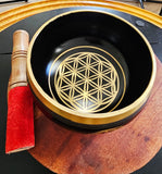Tibetan Singing Bowl 5"D "Flower of Life"  with Striker & Rubber Stand