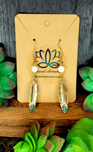 White Howlite Feather Charm Earrings gold